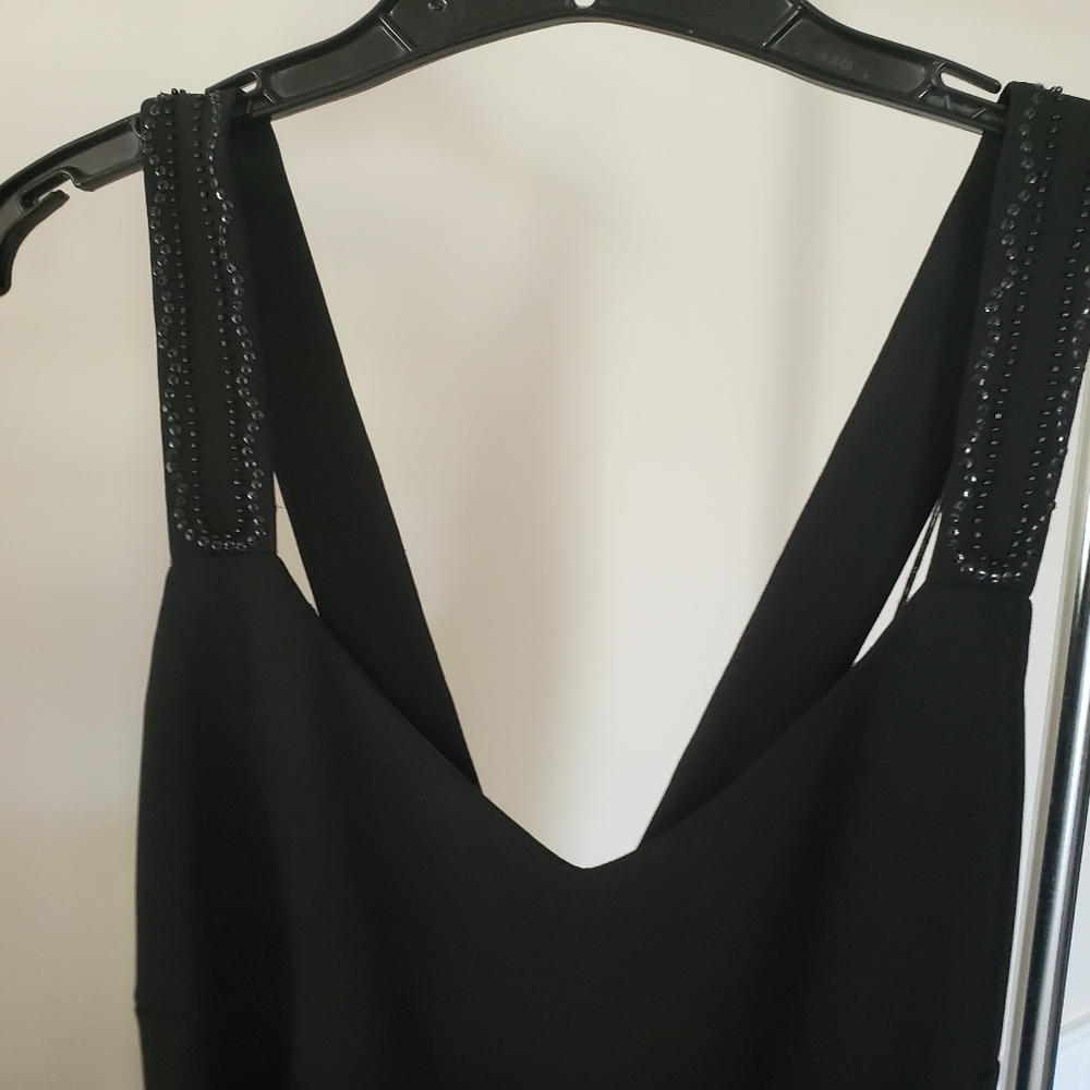 Donna Morgan little black dress beaded criss cross back matching scarf 12 petite
